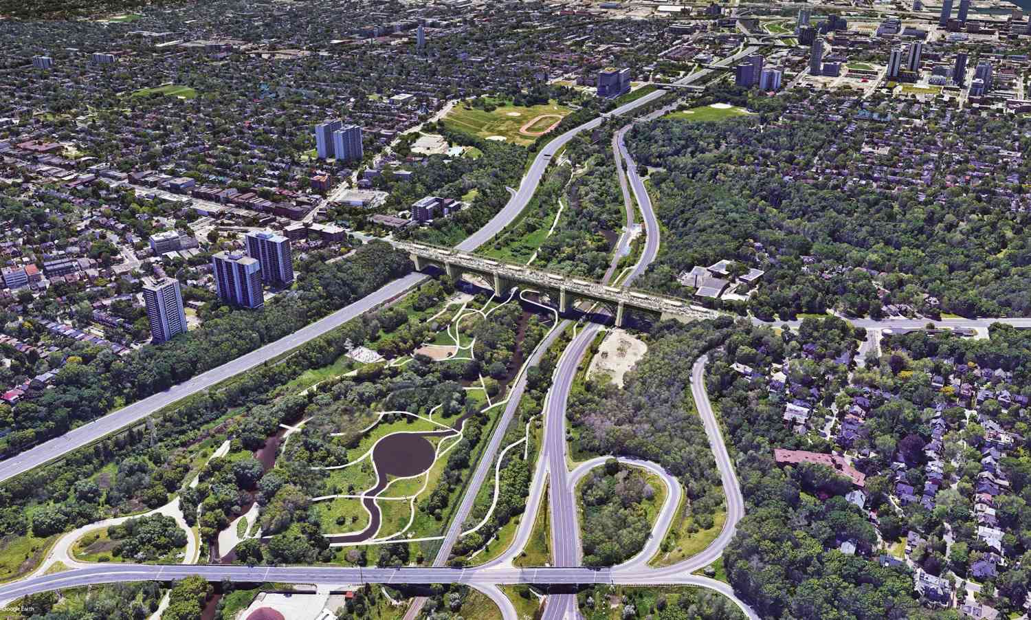 Aerial view of park and bridge