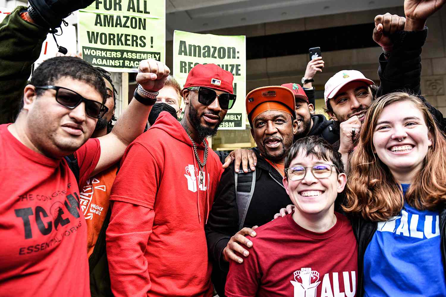 ChristianÂ Smalls, founder of the Amazon Labor Union (ALU), second left, and labor organizers celebrate outside the National Labor Relations Board offices in the Brooklyn borough of New York, U.S., on Friday, April 1, 2022.
