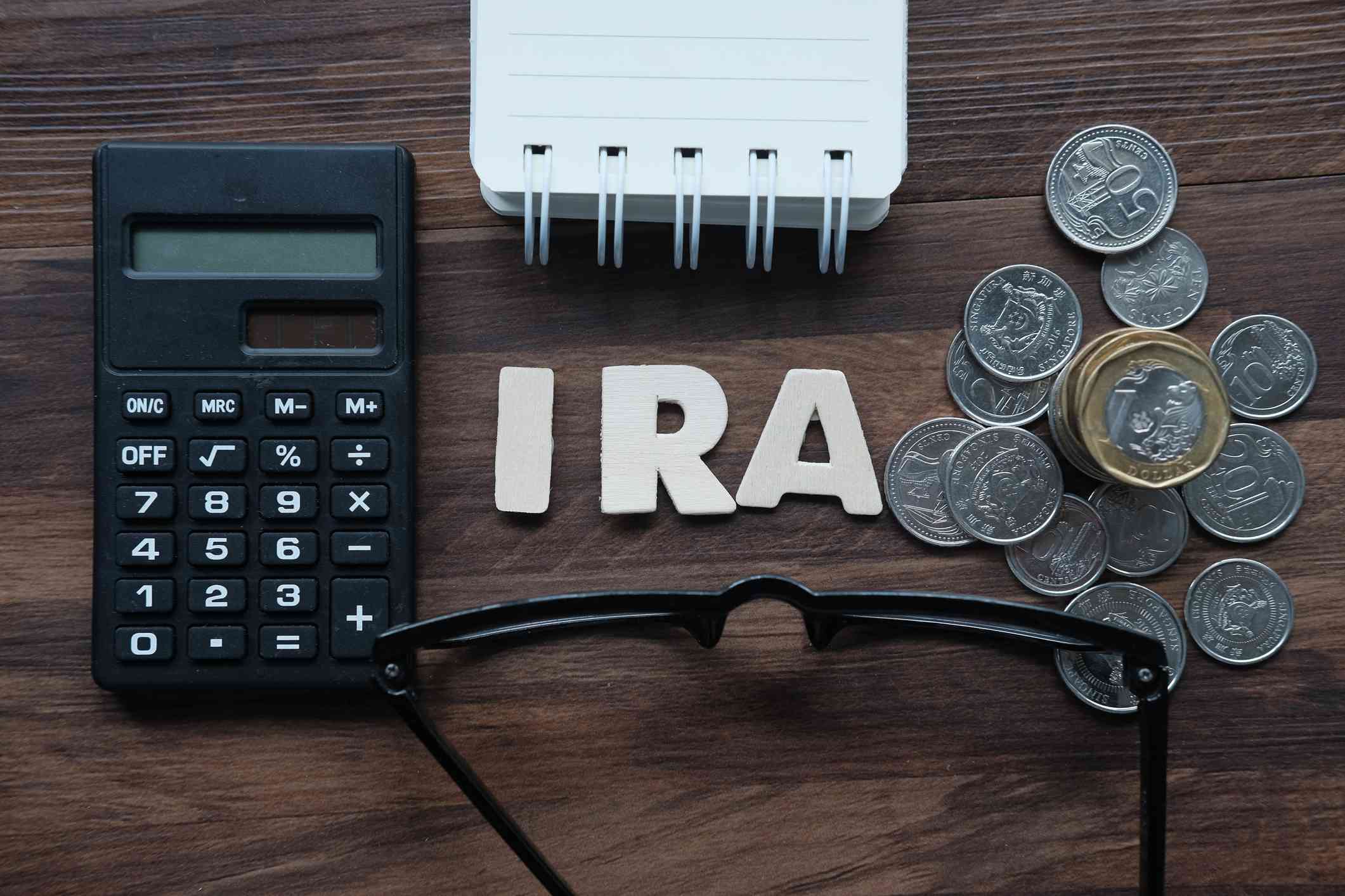 IRA word on wooden table with a notebook, a calculator and a pair eyeglasses.