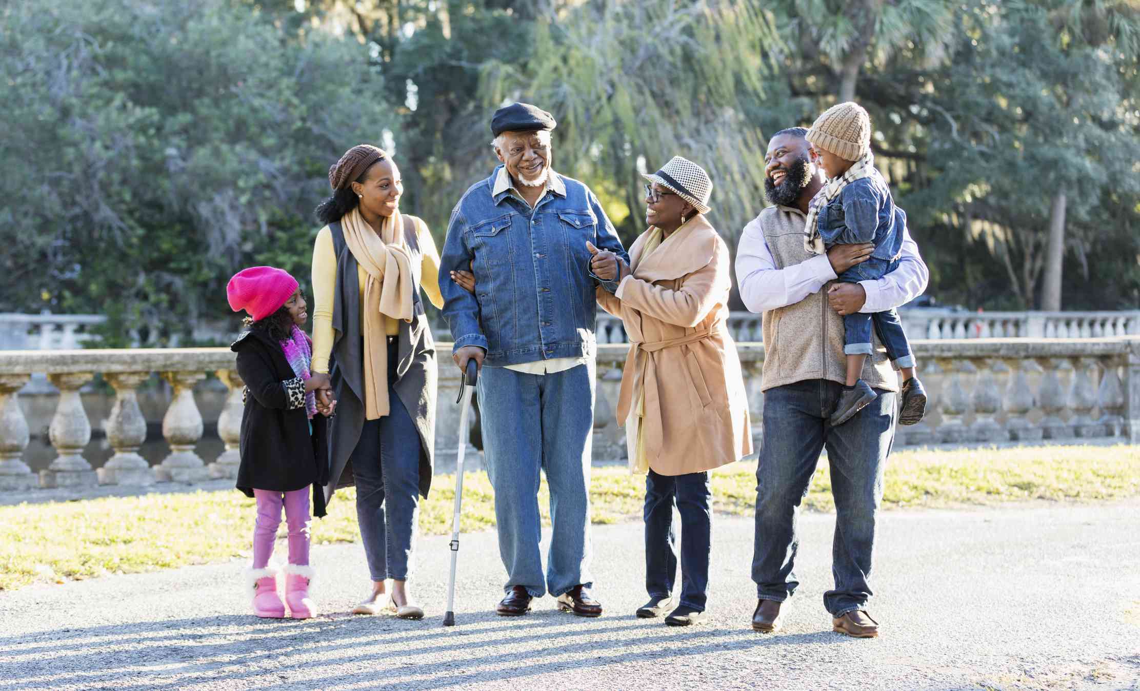 Generations of a Black family walking in park