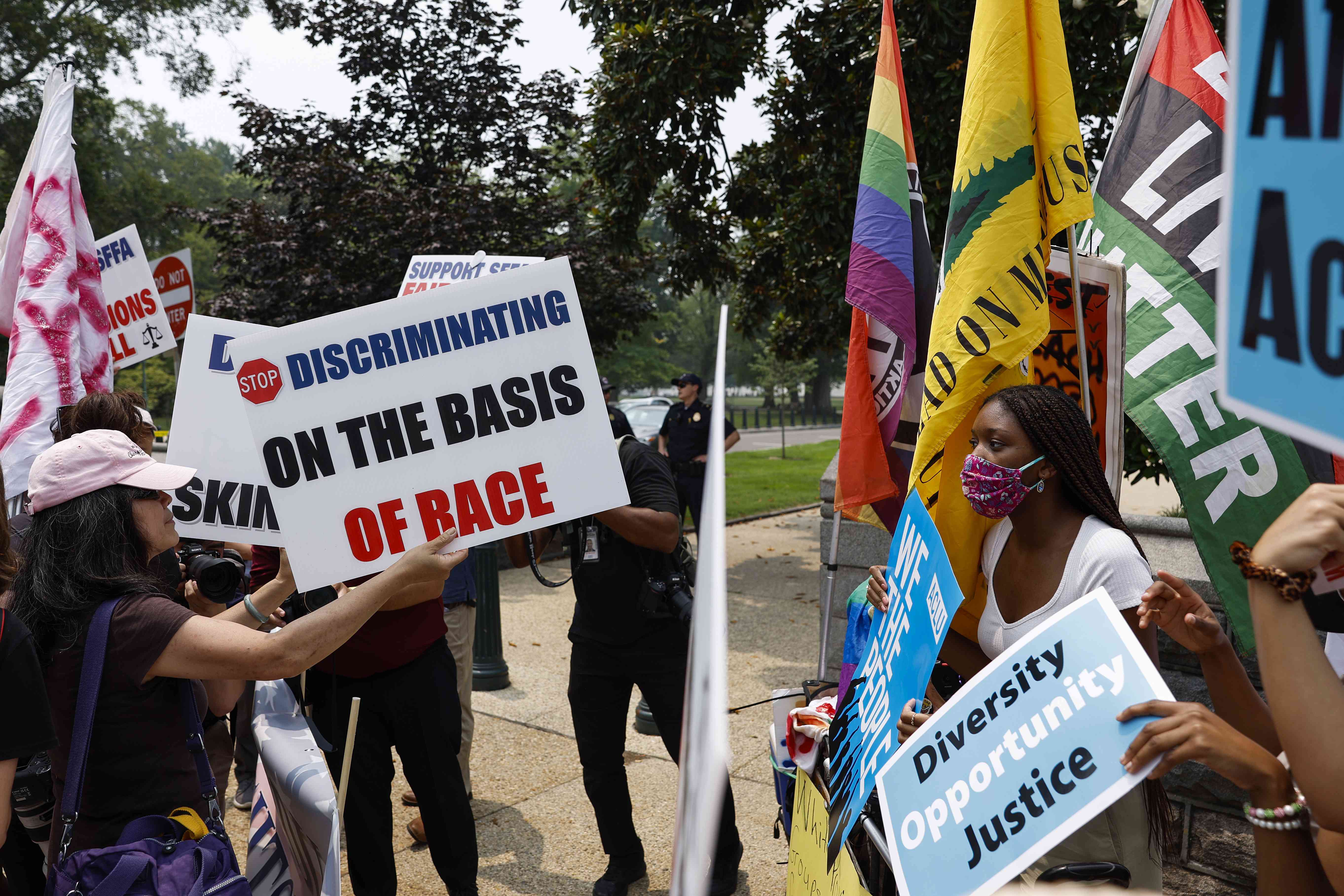 Protesters for and against affirmative action demonstrate on Capitol Hill on June 29, 2023 in Washington, D.C.