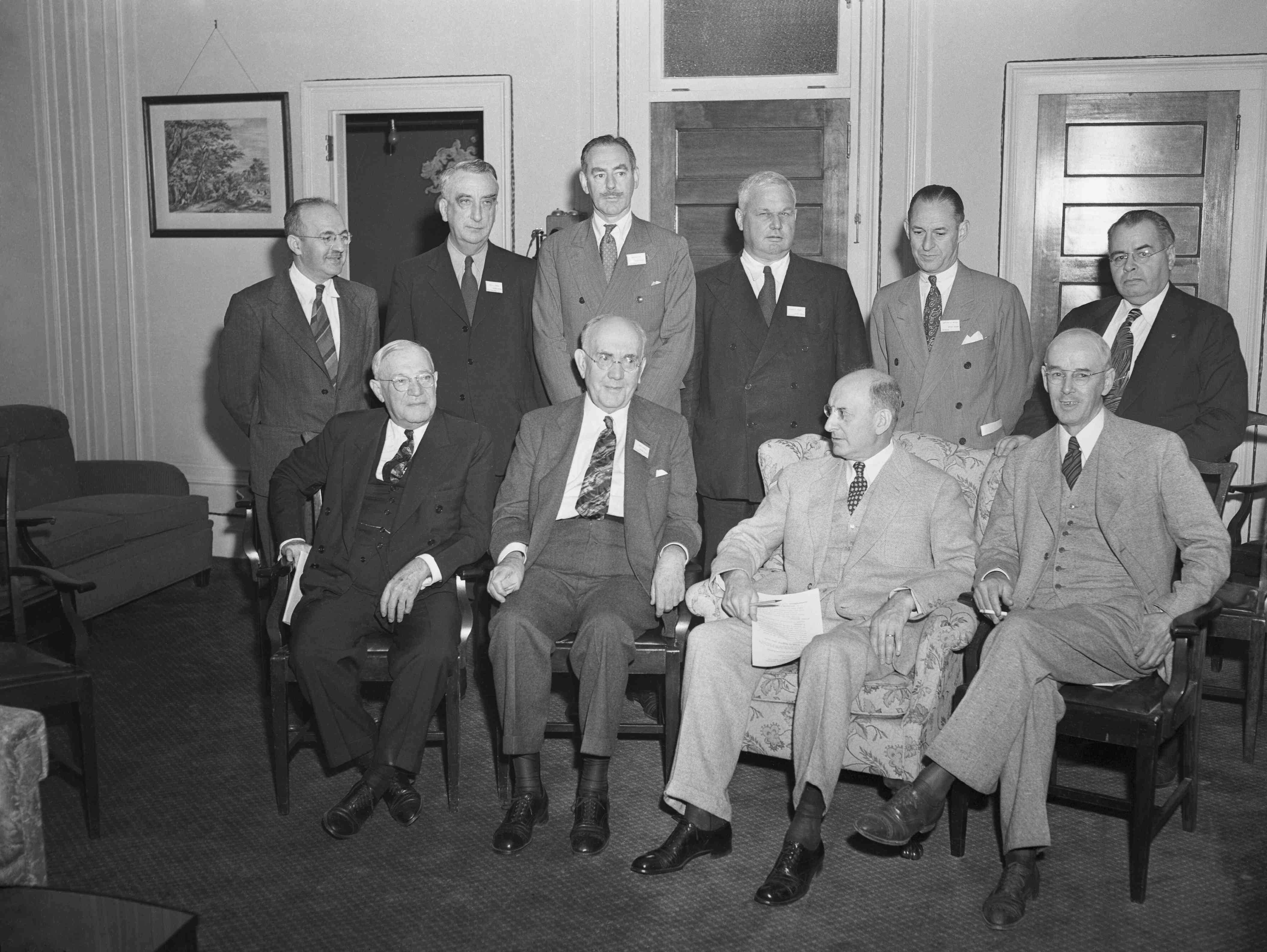 U.S. delegates at the Bretton Woods Conference in Bretton Woods, N.H., with Assistant Secretary of the Treasury Harry Dexter White standing far left.