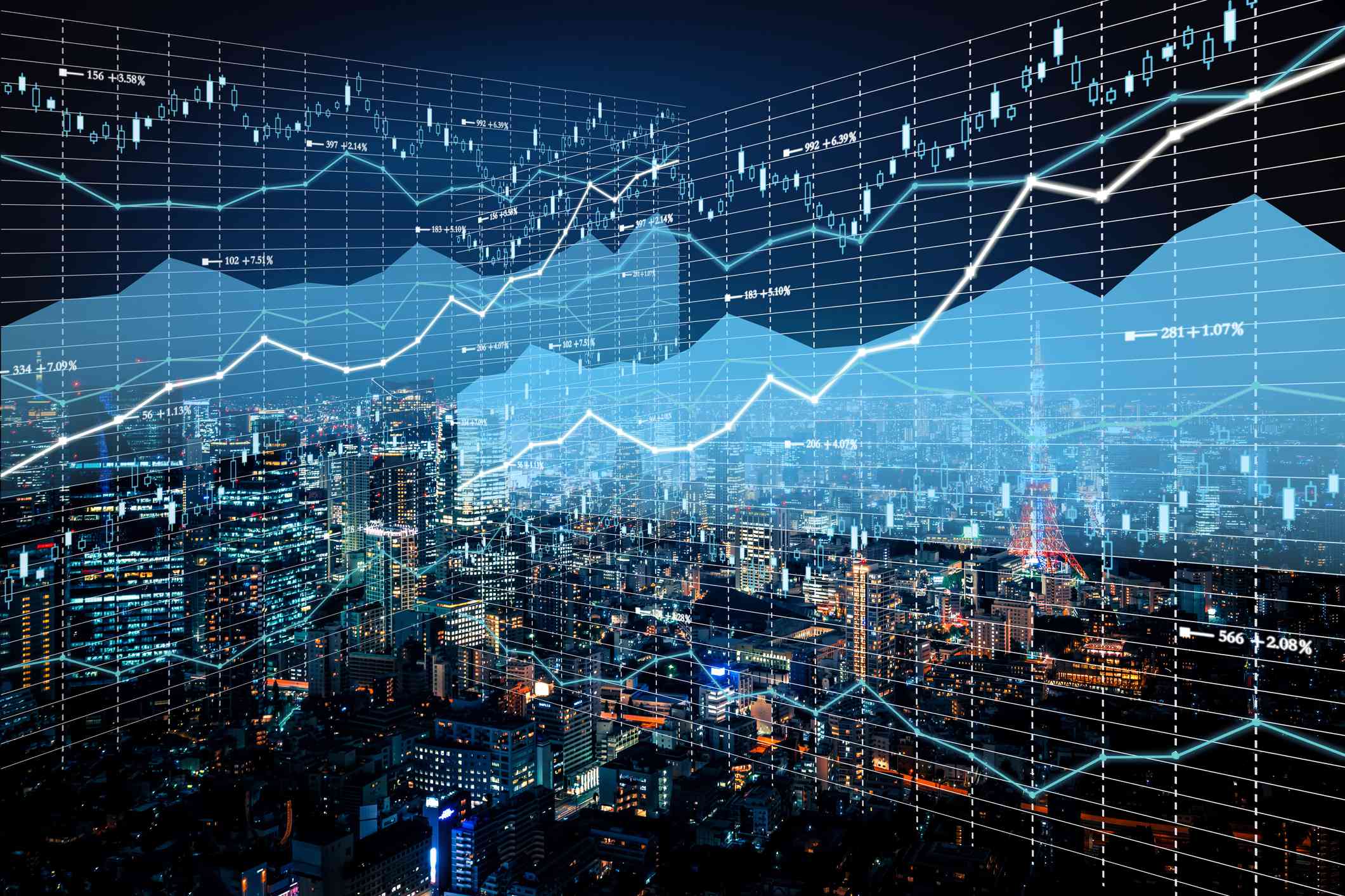 Financial line graphs overlaid with cityscape at night