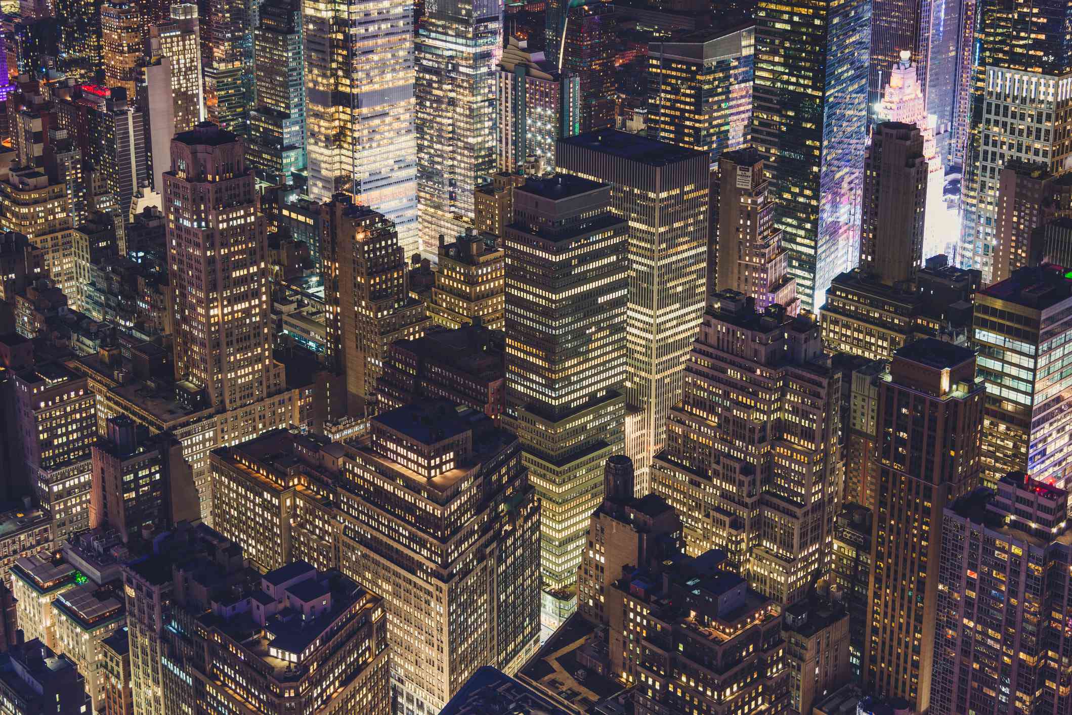 Aerial view of midtown Manhattan at night