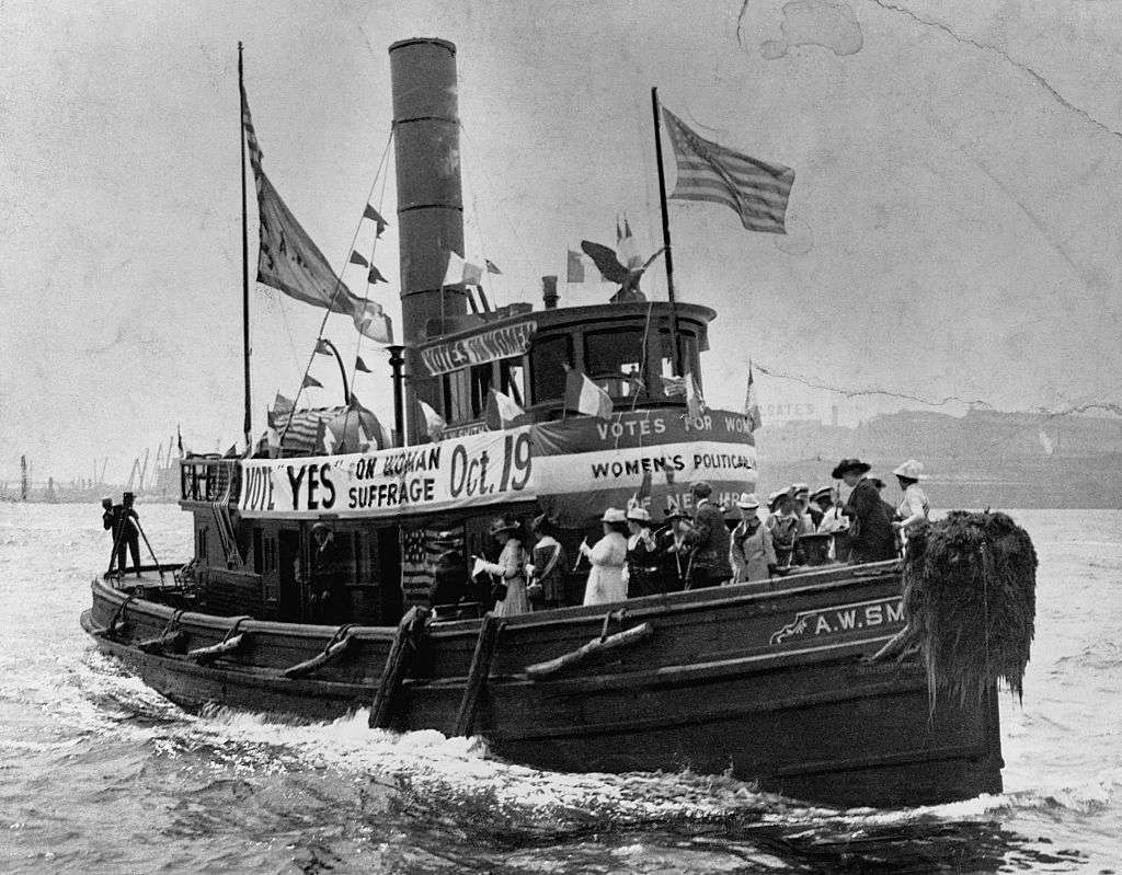 The Women of the Women's Policy Union of New York State heading to New Jersey on a rented tugboat to encourage voting rights for women
