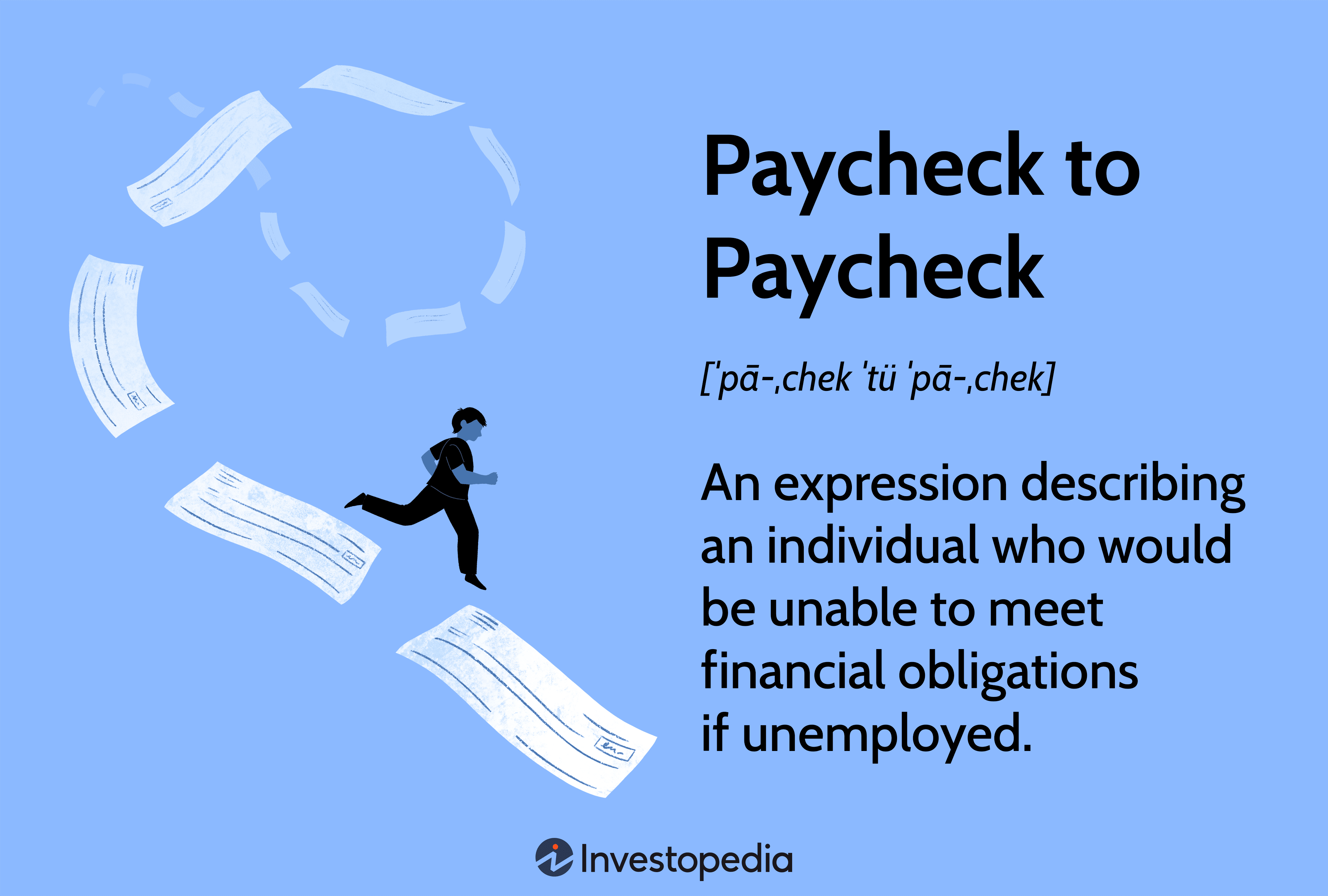 Paycheck to Paycheck: An expression describing an individual who would be unable to meet financial obligations if unemployed.